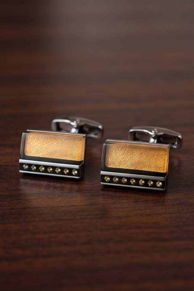 Textured Amber & Crystal Rectangle Cufflinks
