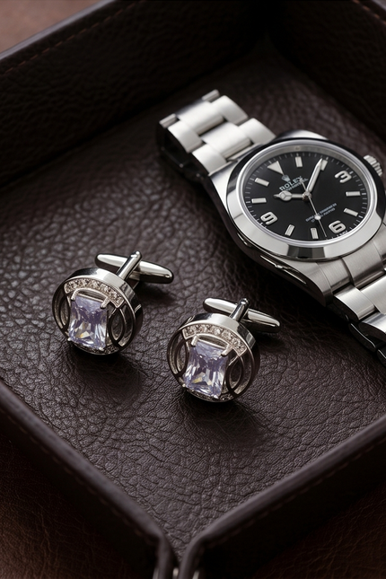 Sky Blue Crystal & Diamond Accent Cufflinks