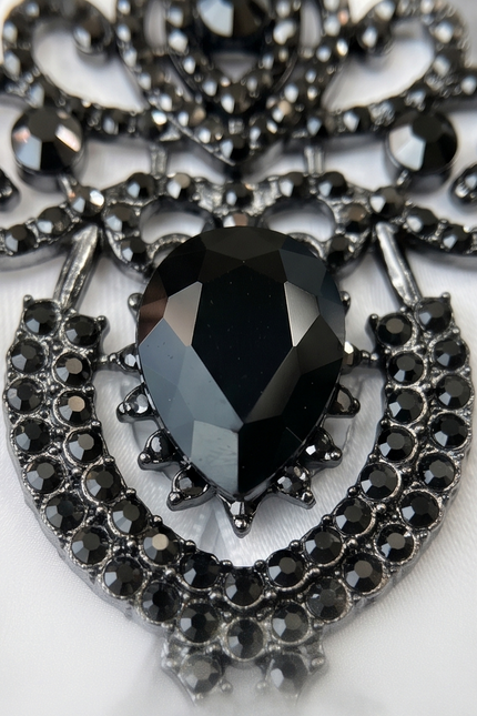 Ornate Black Gem & White Ribbon Bow Tie Brooch