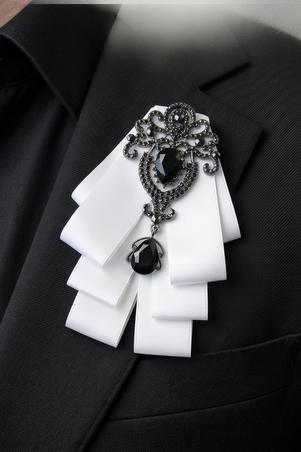 Ornate Black Gem & White Ribbon Bow Tie Brooch