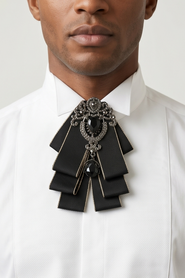 Bold Black Ribbon Bow Tie with Statement Gemstone Brooch