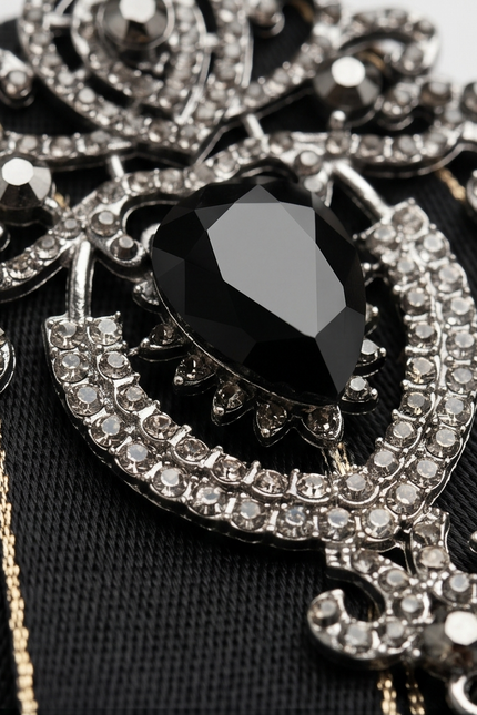 Bold Black Ribbon Bow Tie with Statement Gemstone Brooch