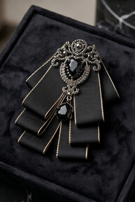 Bold Black Ribbon Bow Tie with Statement Gemstone Brooch
