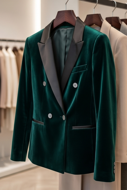 Green double-breasted dinner jacket by PAMONI, tailored fit with peak lapels and button closure, displayed on a hanger.