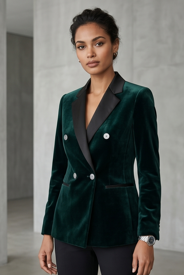 Green PAMONI double-breasted dinner jacket, tailored fit with peak lapels, displayed on a hanger.