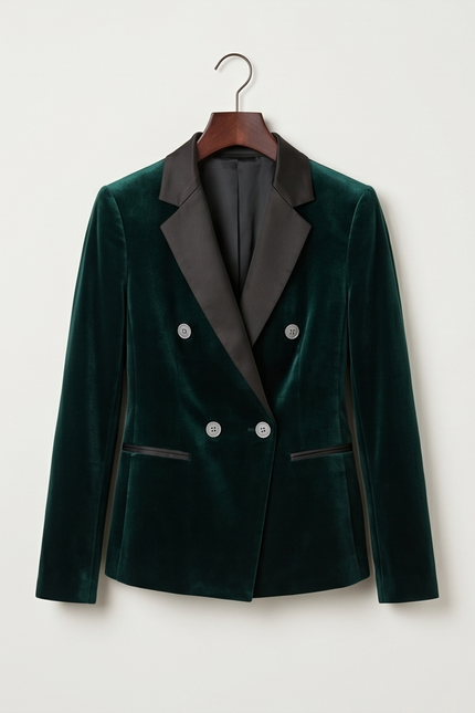 Green PAMONI double-breasted dinner jacket hanging on a wooden hanger with a tailored fit and classic lapel design.
