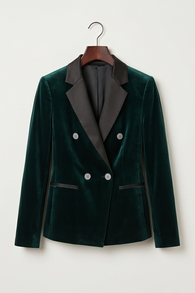 Green PAMONI double-breasted dinner jacket hanging on a wooden hanger with a tailored fit and classic lapel design.