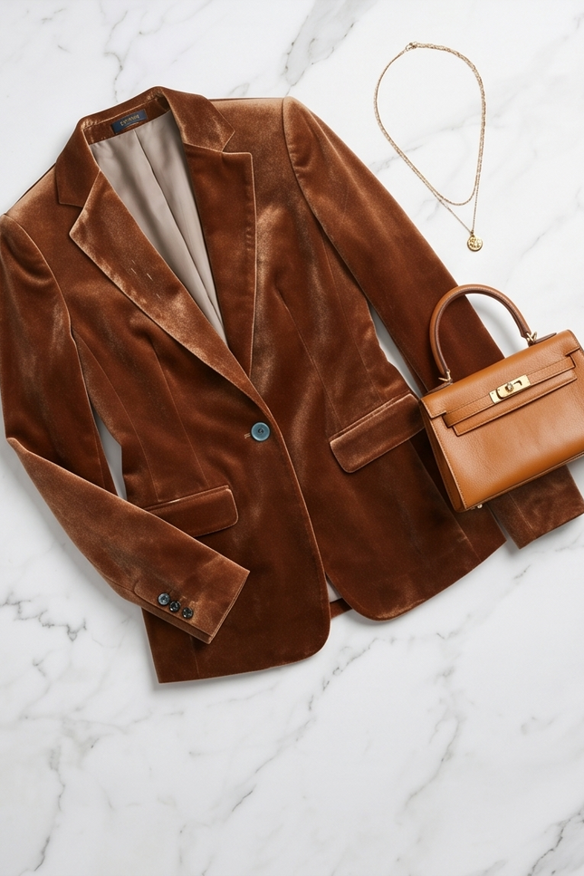 Camel velvet blazer jacket by PAMONI, featuring a tailored fit and stylish lapel, displayed on a hanger.