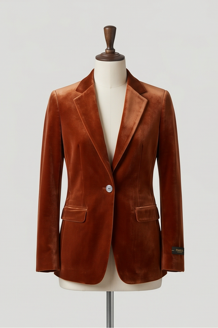 Camel velvet blazer jacket by PAMONI, featuring a tailored fit and stylish lapel, shown on a model.