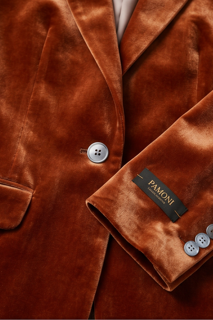 PAMONI camel velvet blazer jacket with a tailored fit, featuring a classic lapel and button closure, stylish and elegant.