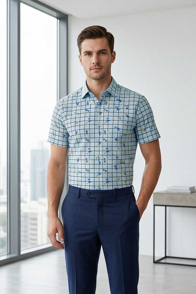 Sky Blue Checkered Short-Sleeve Shirt with Delicate Floral Print