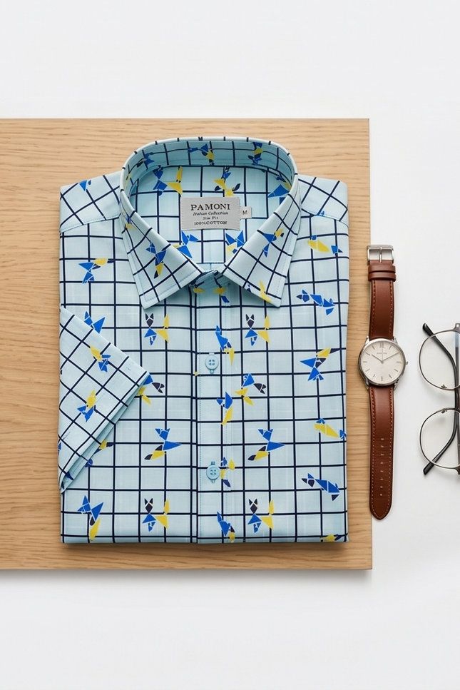 Sky Blue Checkered Short-Sleeve Shirt with Delicate Floral Print