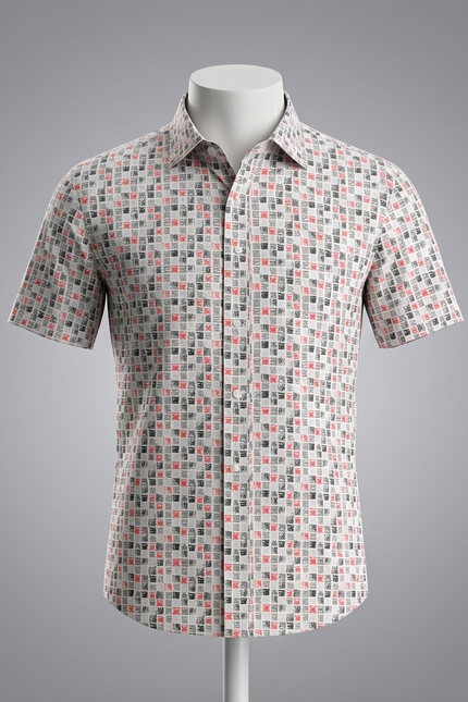 Textured Grid Print Short-Sleeve Cotton Shirt