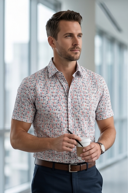 Textured Grid Print Short-Sleeve Cotton Shirt