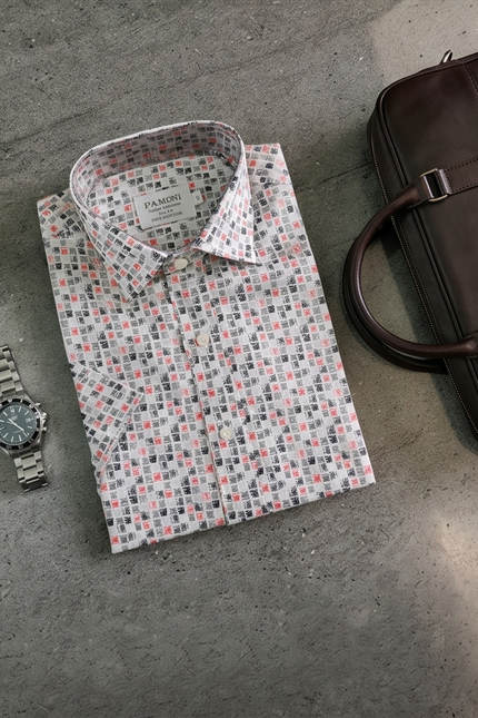 Textured Grid Print Short-Sleeve Cotton Shirt