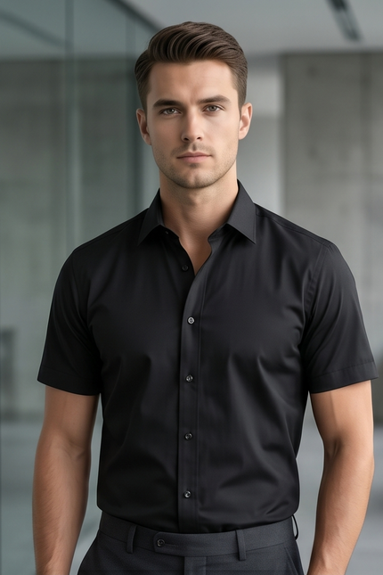 Sophisticated Black Cotton Short-Sleeve Dress Shirt