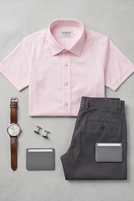 Soft Pink Fine Cotton Short-Sleeve Shirt