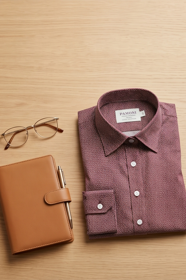 Burgundy Geometric Print Fitted Cotton Shirt
