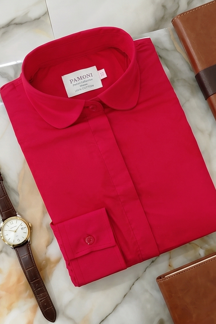 Red Fitted Cotton Shirt with Peter Pan Collar