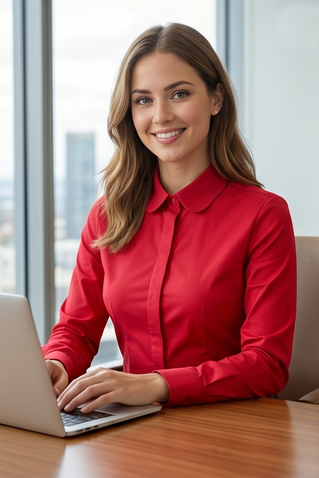 Red Fitted Cotton Shirt with Peter Pan Collar
