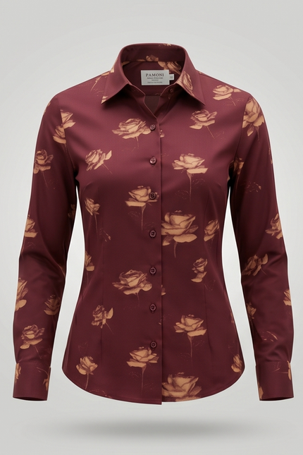 Blooming Burgundy: Fitted 100% Cotton Shirt with Rose Motif