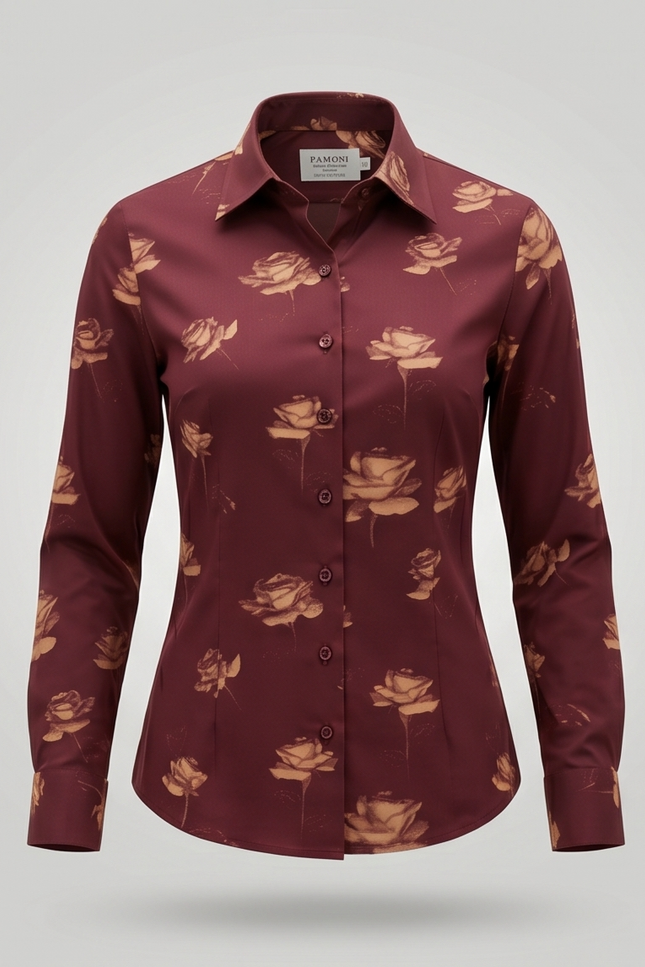 Blooming Burgundy: Fitted 100% Cotton Shirt with Rose Motif
