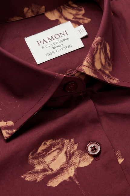 Blooming Burgundy: Fitted 100% Cotton Shirt with Rose Motif