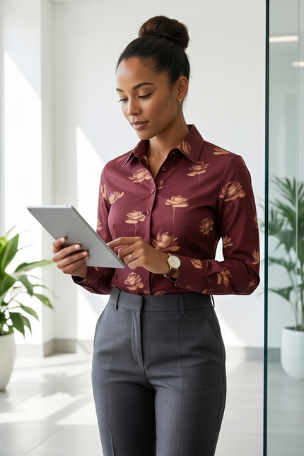 Blooming Burgundy: Fitted 100% Cotton Shirt with Rose Motif