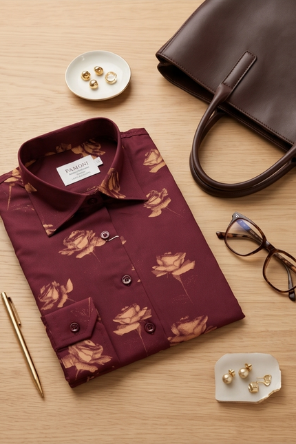 Blooming Burgundy: Fitted 100% Cotton Shirt with Rose Motif