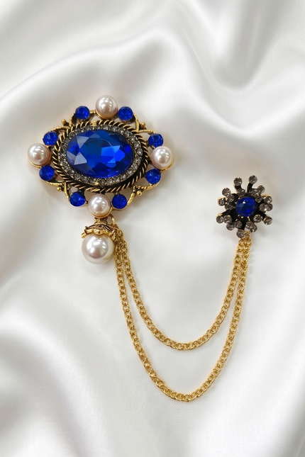 Royal Blue Gemstone & Pearl Lapel Chain Brooch