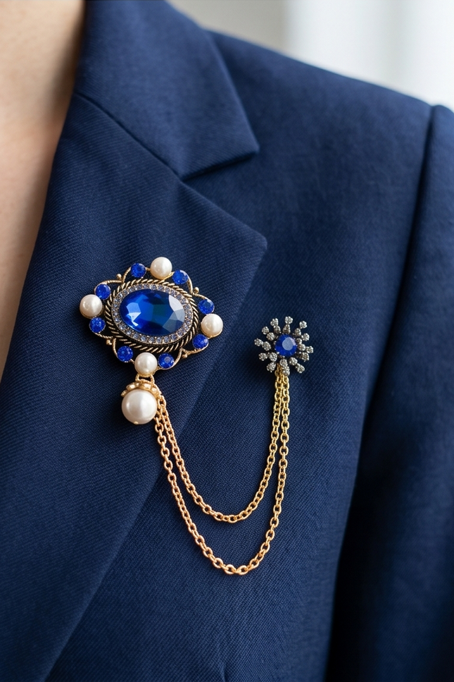 Royal Blue Gemstone & Pearl Lapel Chain Brooch