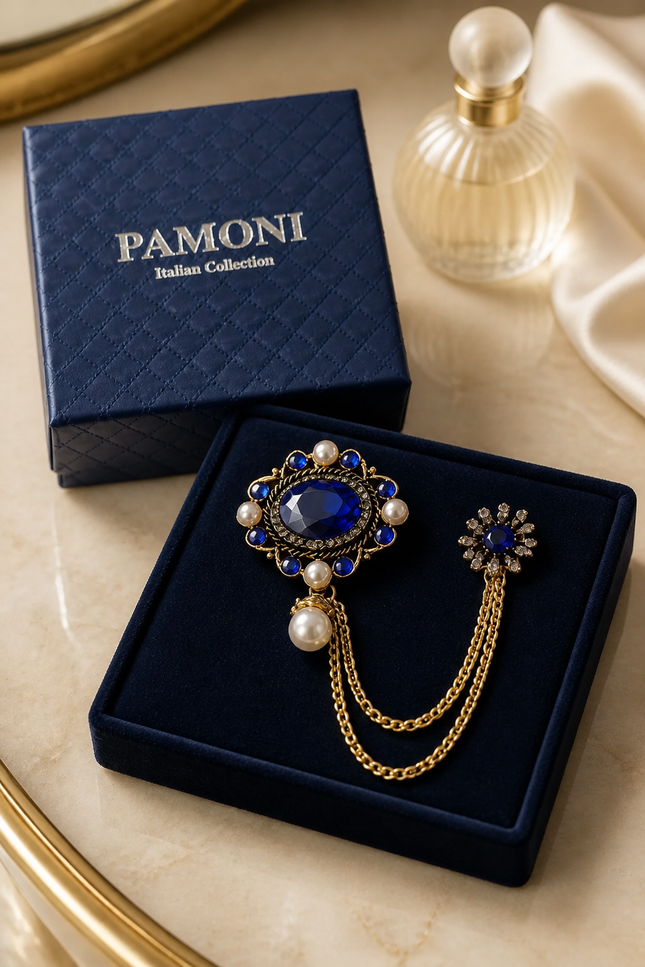 Royal Blue Gemstone & Pearl Lapel Chain Brooch