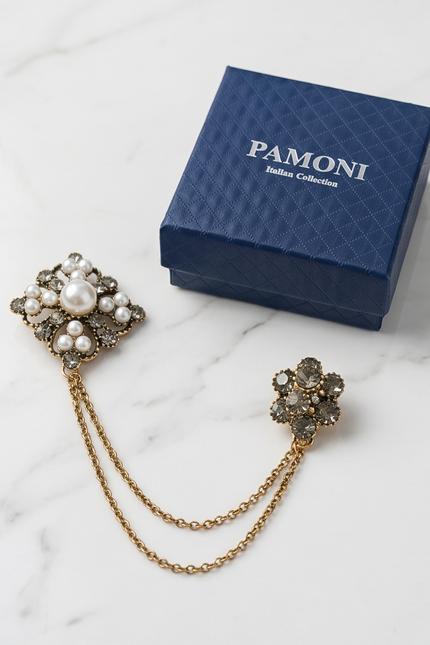 Ornate Pearl and Crystal Lapel Chain Brooch