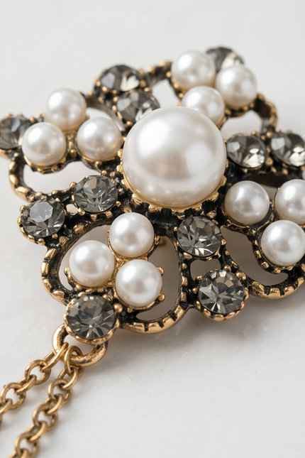 Ornate Pearl and Crystal Lapel Chain Brooch
