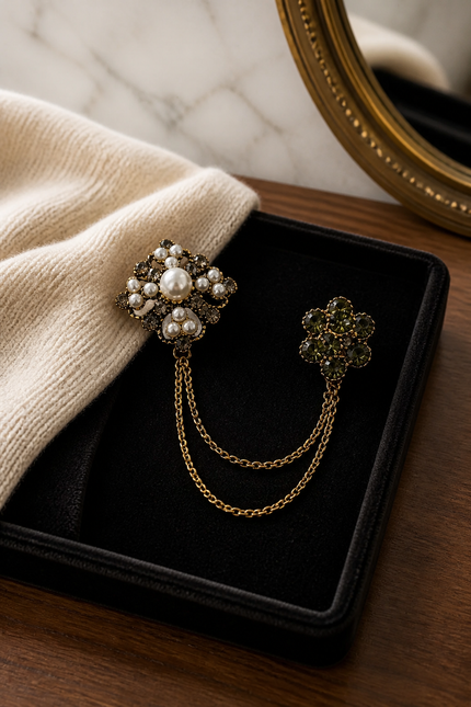 Ornate Pearl and Crystal Lapel Chain Brooch