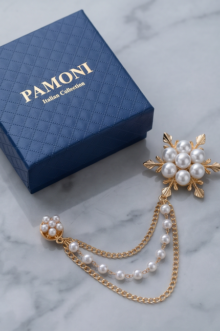 Elegant Pearl and Gold Lapel Chain Brooch