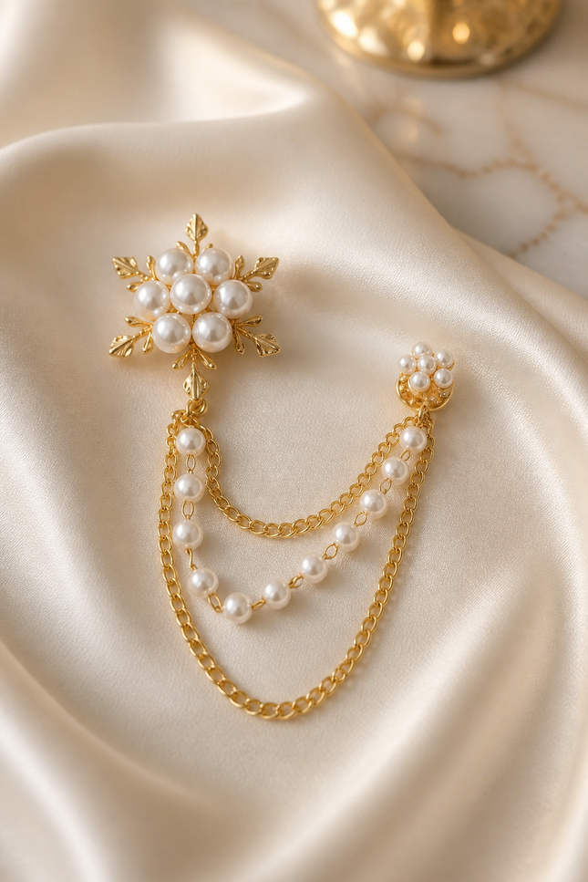 Elegant Pearl and Gold Lapel Chain Brooch