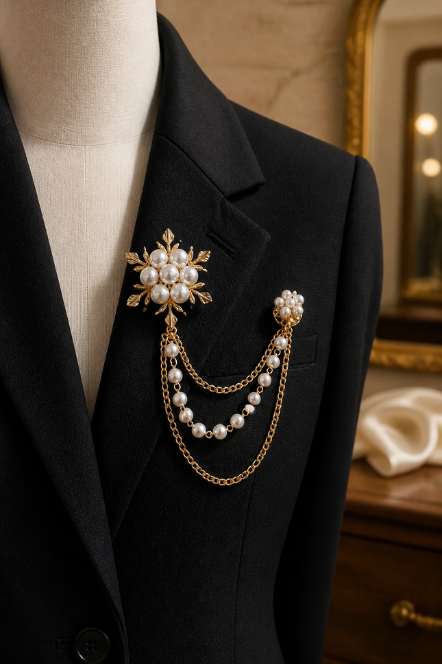 Elegant Pearl and Gold Lapel Chain Brooch