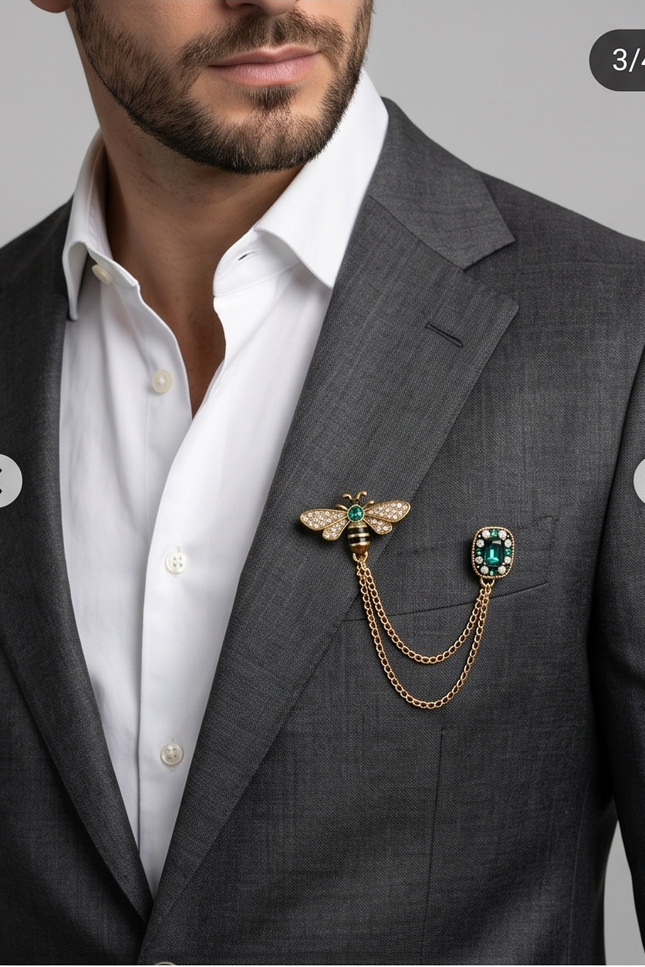 Dapper Bee & Emerald Lapel Chain Brooch