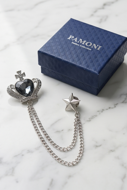 Royal Crown & Star Lapel Chain Brooch