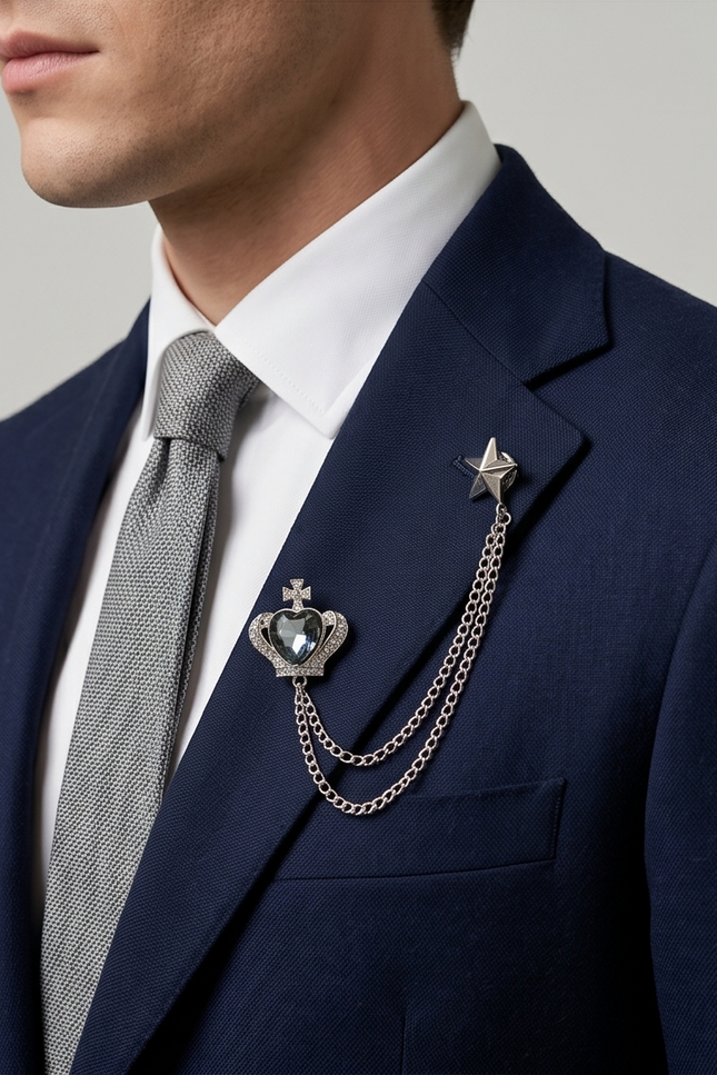 Royal Crown & Star Lapel Chain Brooch