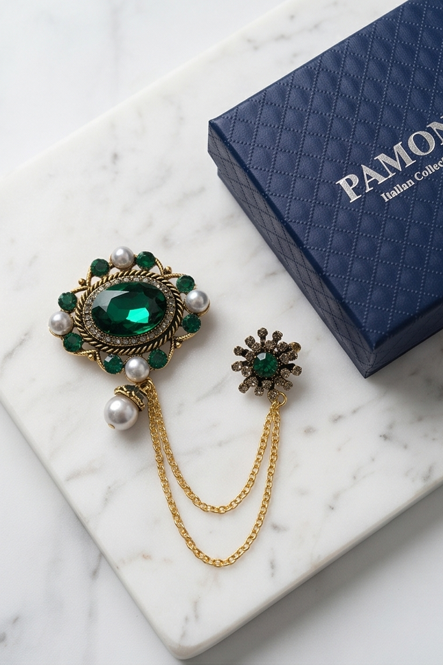 Opulent Emerald & Pearl Lapel Chain Brooch