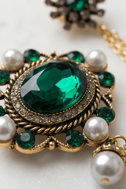 Opulent Emerald & Pearl Lapel Chain Brooch