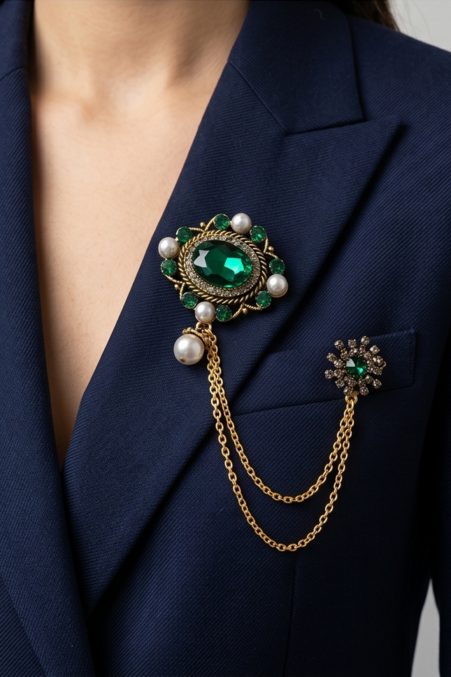 Opulent Emerald & Pearl Lapel Chain Brooch