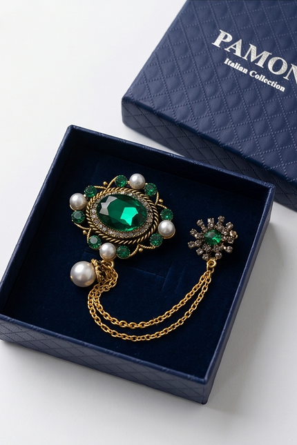 Opulent Emerald & Pearl Lapel Chain Brooch