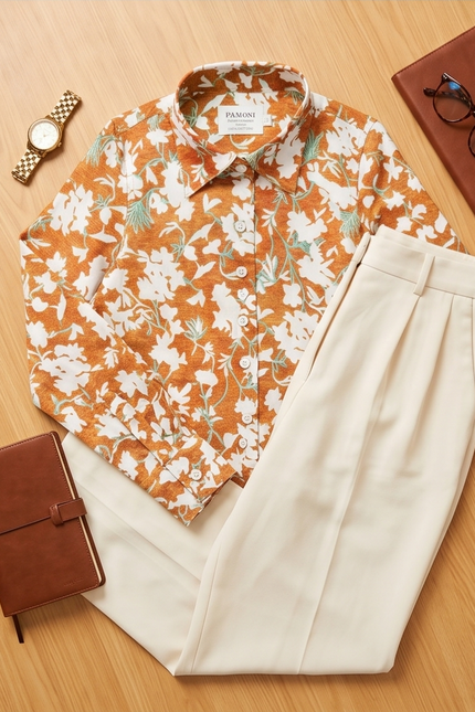 Earthy Bloom Print Fitted Cotton Shirt