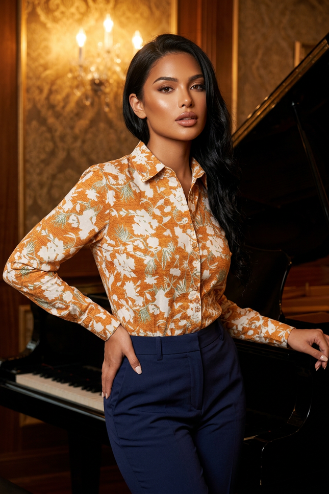 Earthy Bloom Print Fitted Cotton Shirt