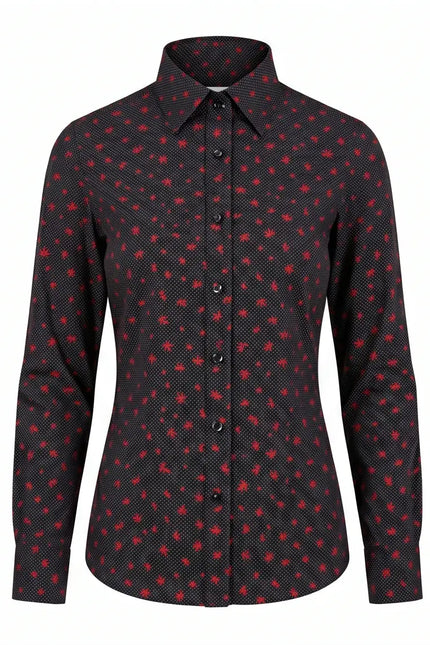 Black shirt with red pattern on a white background
