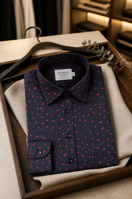 Black shirt with red pattern in a wooden box