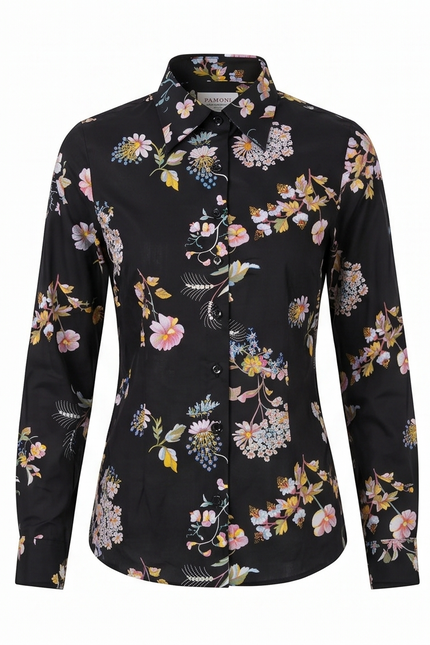 Black floral patterned shirt on a white background